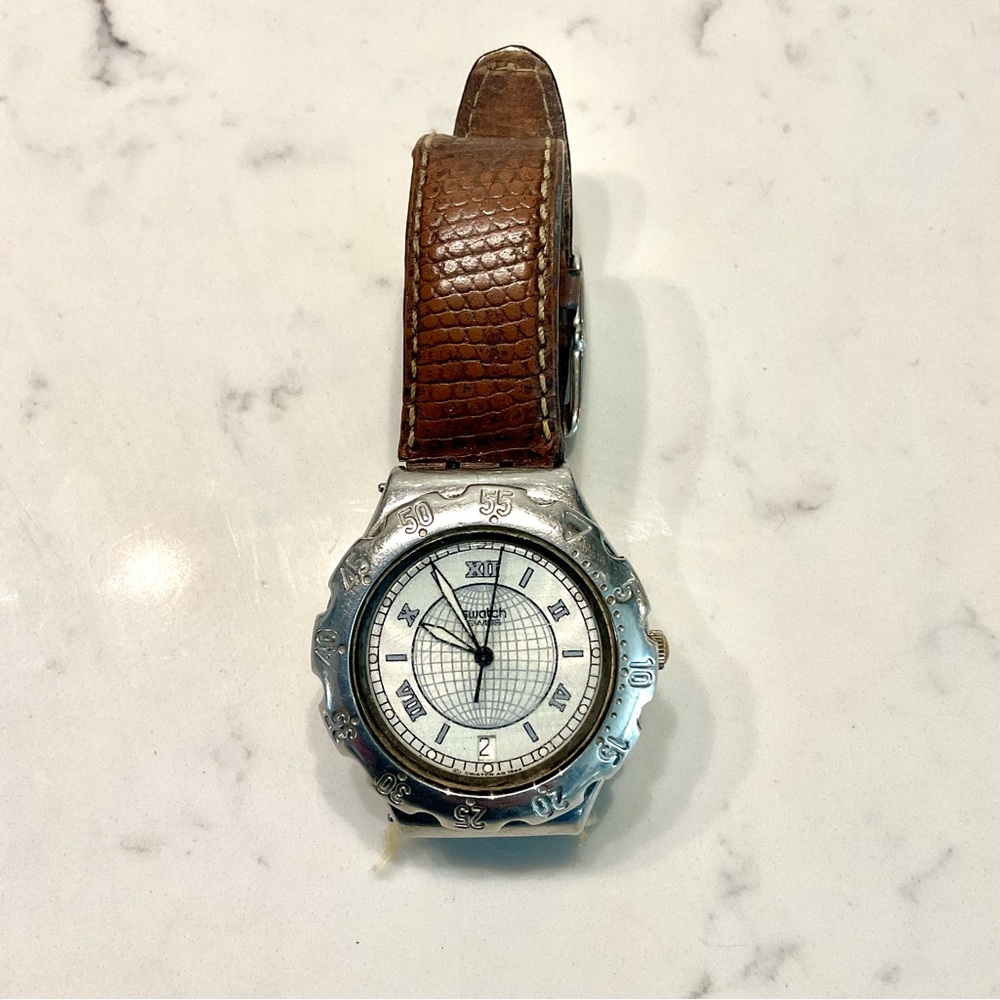 Swatch Brown Leather Silver Watch
